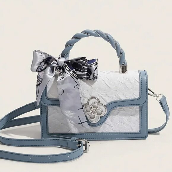 Chic Baby Blue/White Textures Floral Mini Crossbody Top Handle Bag w/Twilly - Picture 2 of 7